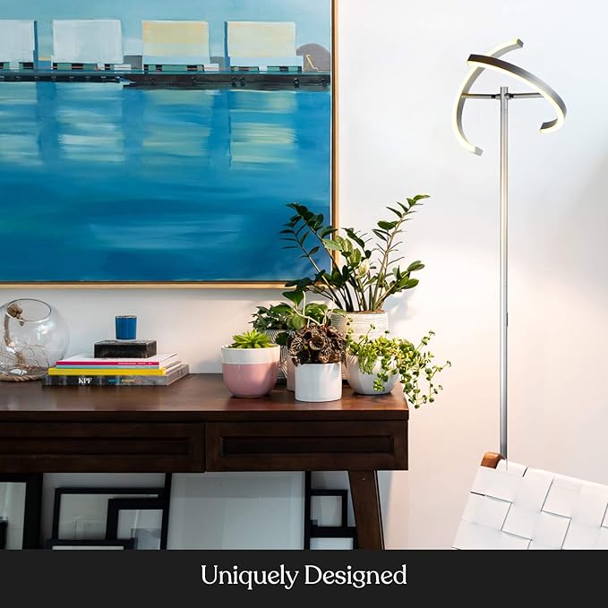 Brightech Halo Split Floor Lamp, Modern Bright LED Torchiere Floor Lamp for Offices - Dimmable, Tall Standing Lamp for Living Room or Bedroom - Adjustable Light w/Rotating Angles - Platinum Silver - LeafyLoom