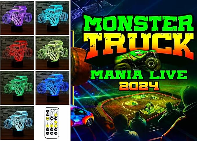 Monster Trucks Night Light for Boys 3D LED Lamp, Home Decor Lighting for Kids Room, Perfect Kids Room Decor, Inspired by The Iconic Grave Digger Monster Truck, Ideal Gift for Kids Fans - LeafyLoom