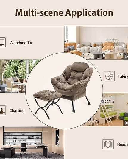 Lazy Chair with Folding Ottoman, Accent Chair Velvet Upholstered with Metal Structure and Non-Slip Pads, Sofa Armchair with Footrest and Side Storage Bag for Dorm, Room, Office, Dark Gray - LeafyLoom