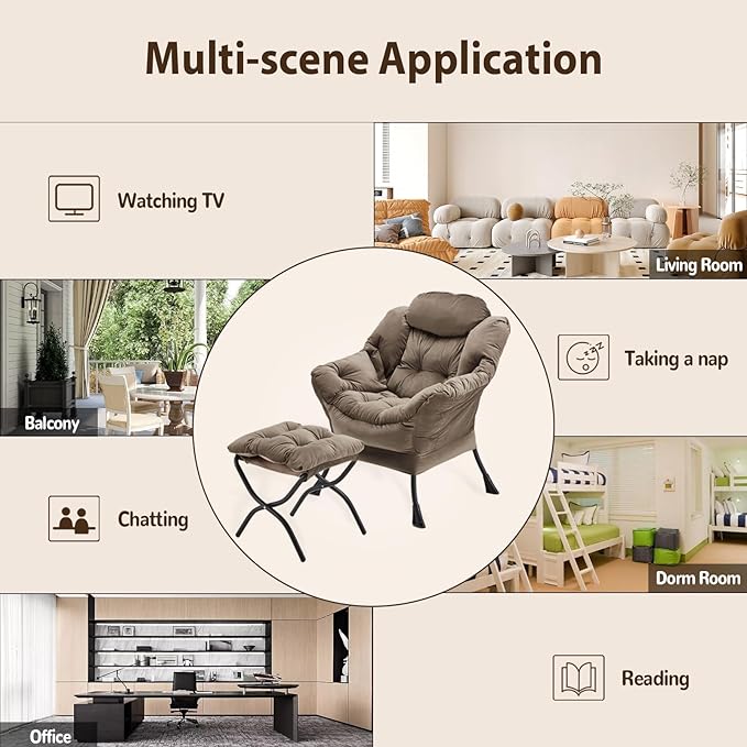 Lazy Chair with Folding Ottoman, Accent Chair Velvet Upholstered with Metal Structure and Non-Slip Pads, Sofa Armchair with Footrest and Side Storage Bag for Dorm, Room, Office, Dark Gray - LeafyLoom