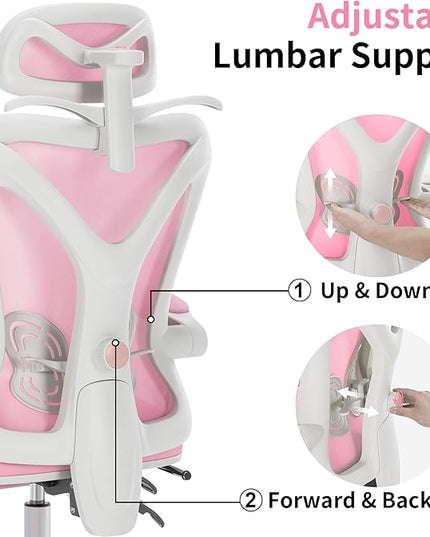 Ergonomic Office Chair with Footrest | Adjustable Lumbar Support, Reclining Desk Chair with Leg Rest, Comfortable Mesh Computer Chair for Home & Office (Pink) - LeafyLoom