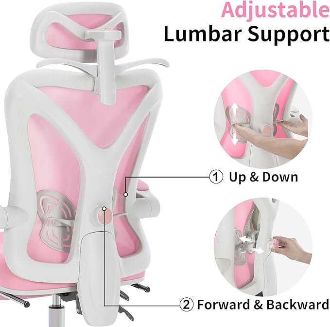 Ergonomic Office Chair with Footrest | Adjustable Lumbar Support, Reclining Desk Chair with Leg Rest, Comfortable Mesh Computer Chair for Home & Office (Pink) - LeafyLoom