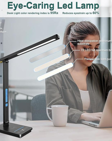 10 in 1 Smart Desk Lamp, Desk Table Lamp for Office, Eye-Caring Office Lamp with Night Light, Lamp for Desk with 10W Wireless Charger, Dimmable Touch Lamp for Home College Dorm Reading Study Work Room - LeafyLoom