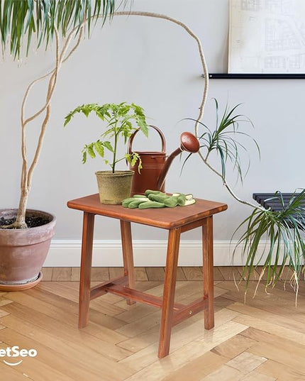 Rectangular Acacia Wood Stool (16.7"D x 13"W x 17.7"H) Small Bench Seat, Small End Table Stool, Bathroom Stool Wood, Plant Stool, Makeup Stool, Perfect Size for Living Room,Bathroom(Light Brown Color) - LeafyLoom