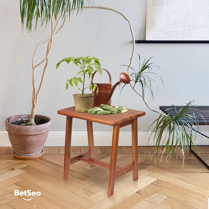 Rectangular Acacia Wood Stool (16.7"D x 13"W x 17.7"H) Small Bench Seat, Small End Table Stool, Bathroom Stool Wood, Plant Stool, Makeup Stool, Perfect Size for Living Room,Bathroom(Light Brown Color) - LeafyLoom