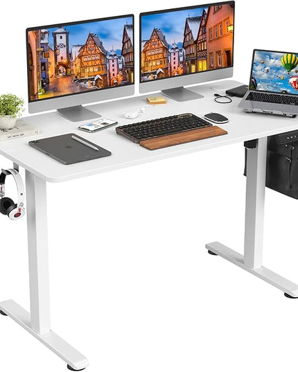 STARY Electric Adjustable Height Sit Stand Home Office Desk with Splice Board, 48x24, White Desktop/White Frame - LeafyLoom