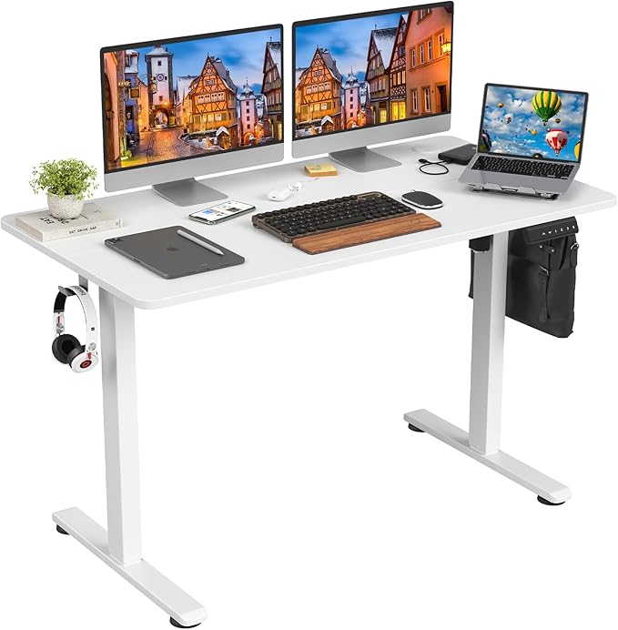 STARY Electric Adjustable Height Sit Stand Home Office Desk with Splice Board, 48x24, White Desktop/White Frame - LeafyLoom