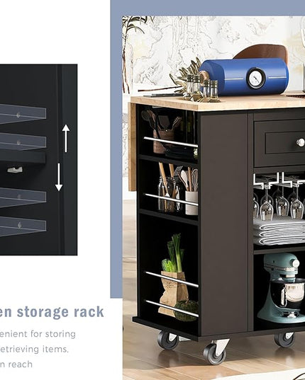 Kitchen Island with Storage, Rolling Table on Wheels w/Power Outlet, Drop Leaf and Rubber Wood Contertop, Wine Rack for Dinning Room - LeafyLoom