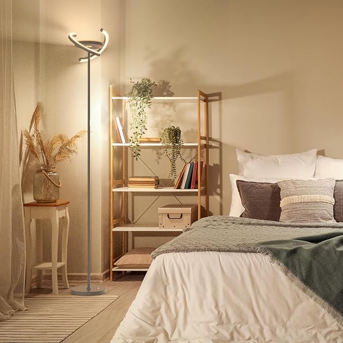 FIMEI Modern LED Floor Lamp Saturn Ring Original Design, Stepless Dimming and 3 Color Temperature, Rotatable and Independent Control of Round Light and Ring Light for Living Room Bedroom Office, Gray - LeafyLoom