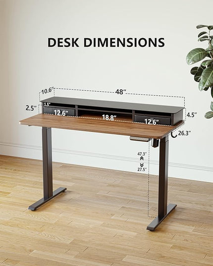 BANTI 48"x 26" Electric Standing Desk with Glass Top Monitor Stand, Adjustable Sit Stand Up Table with Double Drawer, Sit Stand Desk with Storage Shelf, Black Walnut Top - LeafyLoom