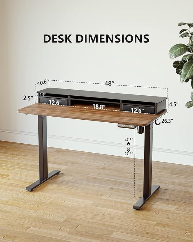 BANTI 48"x 26" Electric Standing Desk with Glass Top Monitor Stand, Adjustable Sit Stand Up Table with Double Drawer, Sit Stand Desk with Storage Shelf, Black Walnut Top - LeafyLoom