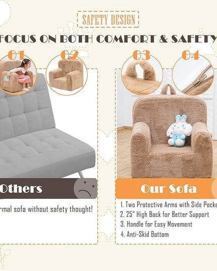 Snuggly-Soft Cuddly Toddler Plush Armchair for Boys and Girls Fuzzy Plush Kids Sofa Couch Reading Chair with Children Friendly Handle for Easy Movement & Double Pockets for Good Storage, Camel - LeafyLoom