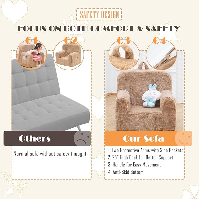 Snuggly-Soft Cuddly Toddler Plush Armchair for Boys and Girls Fuzzy Plush Kids Sofa Couch Reading Chair with Children Friendly Handle for Easy Movement & Double Pockets for Good Storage, Camel - LeafyLoom