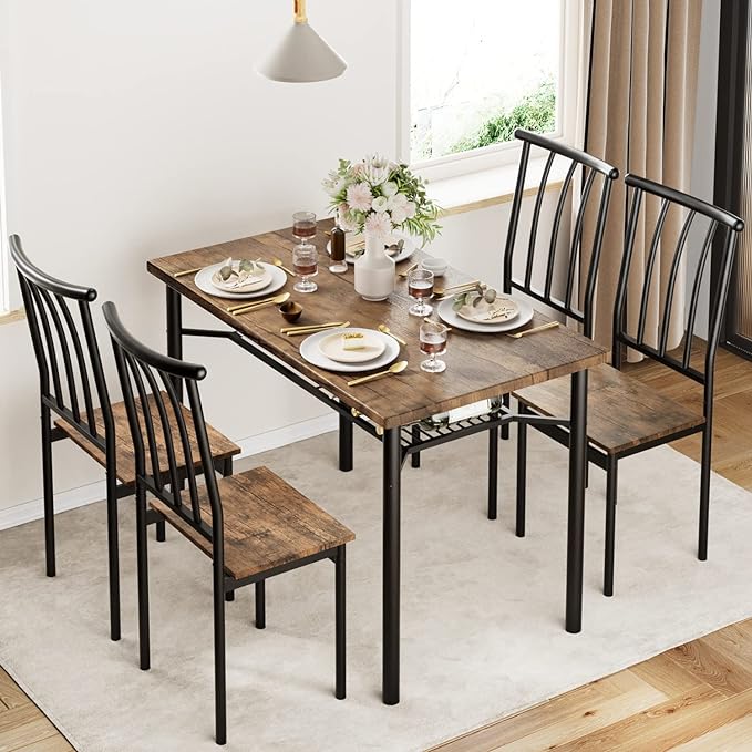 Dining Table Set for 4, Kitchen Table and Chairs for 4, Rectangular Dining Room Table Set with Wine Rack, 5 Piece Dining Table Set for Small Space, Apartment, Rustic Brown - LeafyLoom