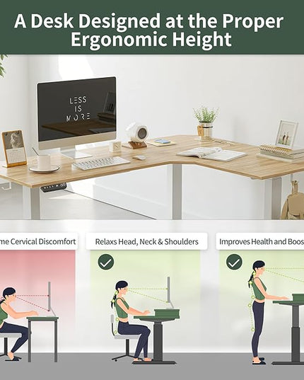 FEZIBO 75 Inches Triple Motor L Shaped Standing Desk Reversible, Electric Height Adjustable Corner Stand up Desk, Sit Stand Desk Computer Workstation, White Frame/Natural Top - LeafyLoom