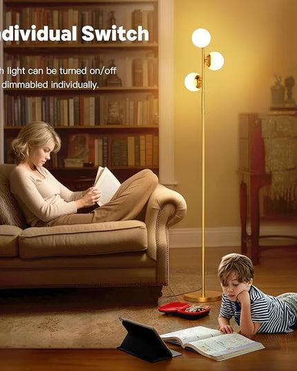 LED Floor Lamp for Living Room, 3 Globe Bright Standing Lamp with Remote, 4 Color Temterapure Dimmable Bedroom Lamp Modern Floor Lamp for Living Room Bedroom Office, 30W, 2700-6500K, Gold - LeafyLoom
