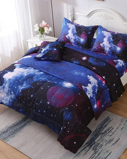 JQinHome Full Galaxy Comforter Sets 6 Piece Bed in A Bag, Outer Space Themed Bedding for Children Boy Girl Teen Kids - (1 Comforter, 1 Flat Sheet, 1 Fitted Sheet, 2 Pillowshams, 1 Cushion Cover) - LeafyLoom