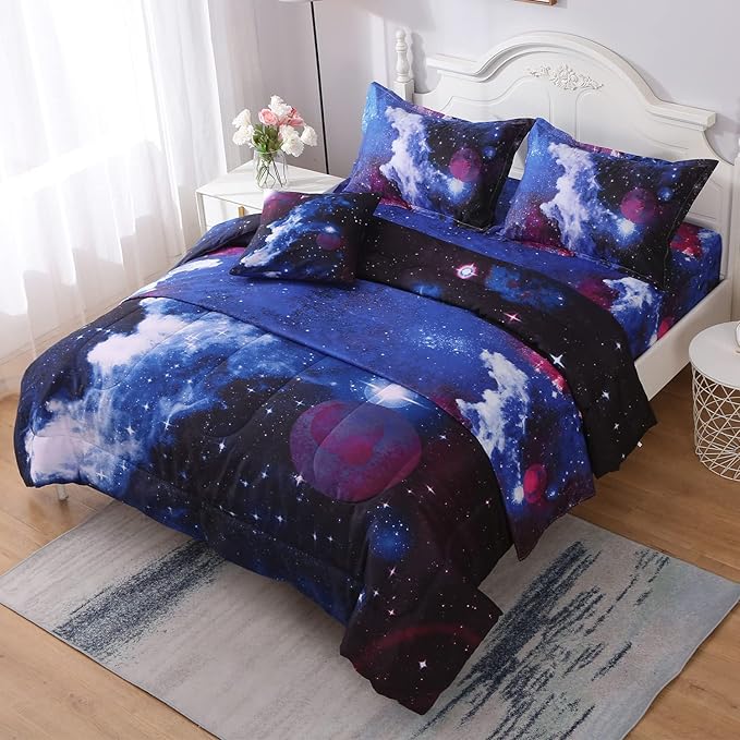 JQinHome Full Galaxy Comforter Sets 6 Piece Bed in A Bag, Outer Space Themed Bedding for Children Boy Girl Teen Kids - (1 Comforter, 1 Flat Sheet, 1 Fitted Sheet, 2 Pillowshams, 1 Cushion Cover) - LeafyLoom