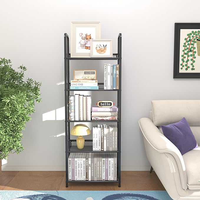 Bookshelf Storage Shelf Bookcase Freestanding Storage Stand Book Organizer for Living Room, Bedroom, Kitchen, Rust Resistance,Easy Assembly Multi-Functional Organizer (5 Tiers, Black) - LeafyLoom