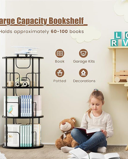 Rotating Bookshelf, 3 Tier Round Revolving Bookcase with Special Visible Partition Storage, 360° Display Spinning Bookshelf Tower Storage Organizer Rack for Bedroom, Living Room, Small Space, Black - LeafyLoom