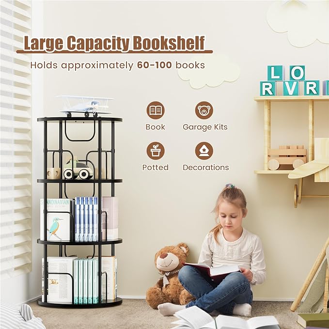 Rotating Bookshelf, 3 Tier Round Revolving Bookcase with Special Visible Partition Storage, 360° Display Spinning Bookshelf Tower Storage Organizer Rack for Bedroom, Living Room, Small Space, Black - LeafyLoom