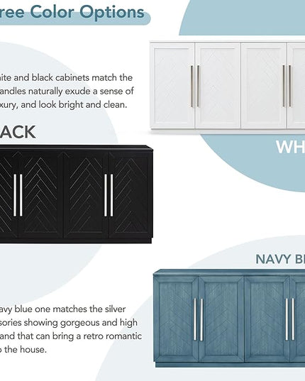 Wooden Sideboard with 4 Doors Large Storage Space,Buffet Cabinet,W/Adjustable Shelves and Silver Handles,Wear-Resistant Performance,for Kitchen,Dining Room,Hallway,Antique Blue, 60" - LeafyLoom