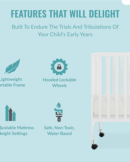 Quinn Full-Size Folding Crib In White, Removeable Wheels, Modern Nursey, Adjustable Mattress Support, Portable Crib, Patented Folding System - LeafyLoom