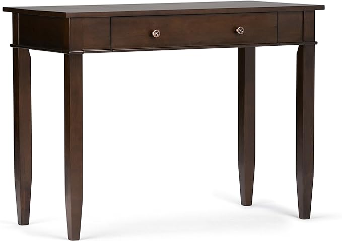 SIMPLIHOME Carlton SOLID WOOD Transitional Modern 42 inch Wide Home Office Desk, Writing Table, Workstation, Study Table Furniture in Dark Tobacco Brown with 1 Drawer - LeafyLoom