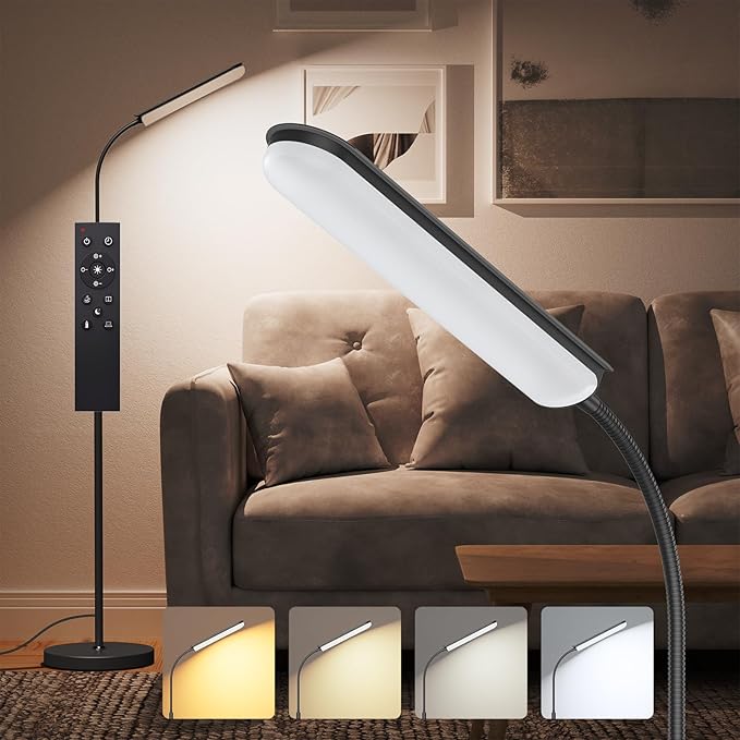Floor Lamp, 15W Bright LED Floor Lamps for Living Room, Remote & Touch Control, 0.5H/1H Timer, Adjustable 2700K-6500K Colors & Brightness Eye Caring Reading Lamp, Gooseneck Standing Lamp - LeafyLoom