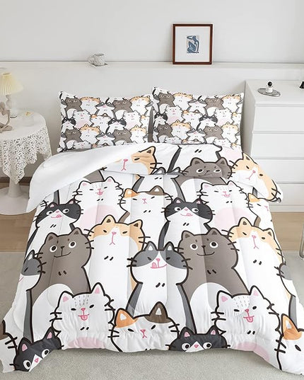 CVHOUSE Cat Bedding,Cartoon Cat Comforter King,Animals Print Comforter Set for Kids,Kawaii Quilt Set with 1 Comforter and 2 Pillow Cases - LeafyLoom