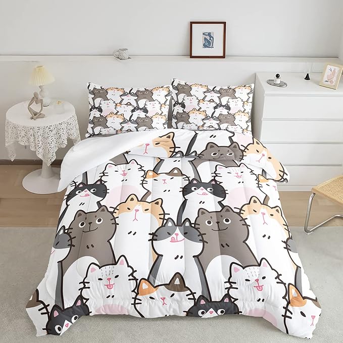 CVHOUSE Cat Bedding,Cartoon Cat Comforter King,Animals Print Comforter Set for Kids,Kawaii Quilt Set with 1 Comforter and 2 Pillow Cases - LeafyLoom