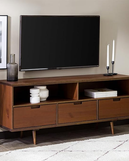 Walker Edison 3-Drawer Mid Century Modern Wood TV Stand for TV's up to 65" Flat Screen Cabinet Door Living Room Storage Entertainment Center, 58 Inch, Walnut - LeafyLoom