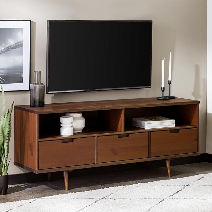 Walker Edison 3-Drawer Mid Century Modern Wood TV Stand for TV's up to 65" Flat Screen Cabinet Door Living Room Storage Entertainment Center, 58 Inch, Walnut - LeafyLoom
