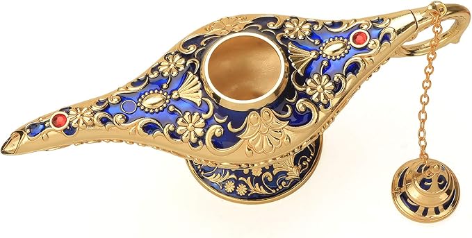 Classic Aladding Magic Genie Lamp Legend Wishing Light Costume Lamp Metal Carved Cone Incense Burner for Home Tabletop Decoration Party Birthday Halloween Christmas (Navy Blue) - LeafyLoom