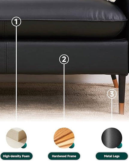 79" Top-Grain Leather Sofa, 3 Seater Leather Couch, Mid-Century Modern Couch for Living Room Bedroom Apartment Office, Black - LeafyLoom