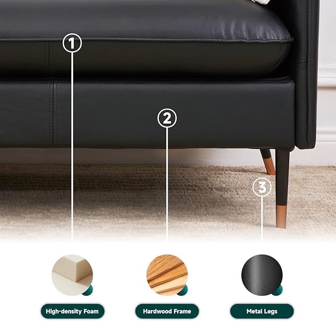 79" Top-Grain Leather Sofa, 3 Seater Leather Couch, Mid-Century Modern Couch for Living Room Bedroom Apartment Office, Black - LeafyLoom