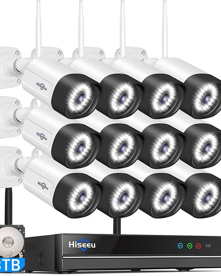 Hiseeu 5MP WiFi Security Camera System Outdoor,12Pcs 16CH NVR Camera Surveillance System,Color Night Vision, Spotlight& Siren Alarm,2-Way Audio,3TB HDD for 24/7 Recordings Hiseeu