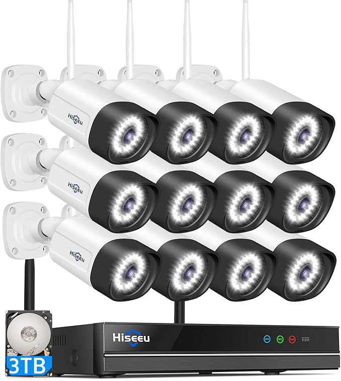Hiseeu 5MP WiFi Security Camera System Outdoor,12Pcs 16CH NVR Camera Surveillance System,Color Night Vision, Spotlight& Siren Alarm,2-Way Audio,3TB HDD for 24/7 Recordings Hiseeu