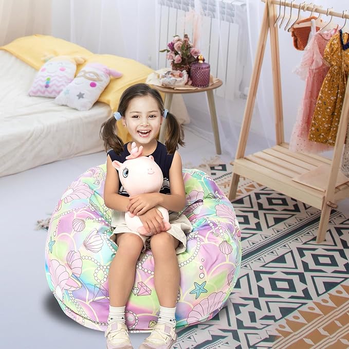 Stuffed Animal Storage Bean Bag Chair Cover, Hold Kids Plush Toys Blankets Towels Beanbag (Cover Only), Canvas Floor Circle Stuff Sit Seat Sofa with YKK Zipper, Large 32", Pink Shell - LeafyLoom