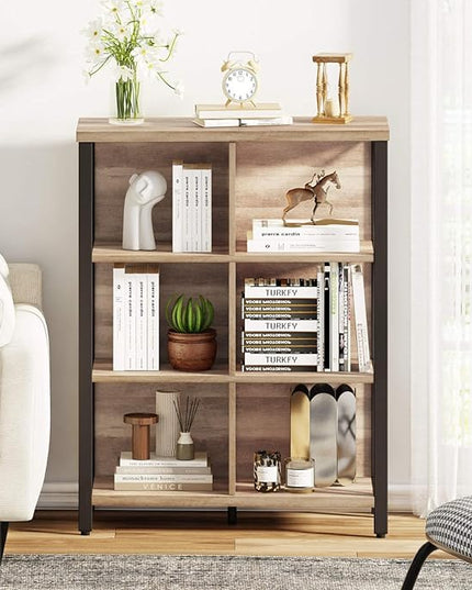 FATORRI Rustic 6 Cube Storage Organizer Shelf, Wood and Metal Cubby Bookcase, Industrial 4 Tier Cube Bookshelf (Rustic Oak) - LeafyLoom