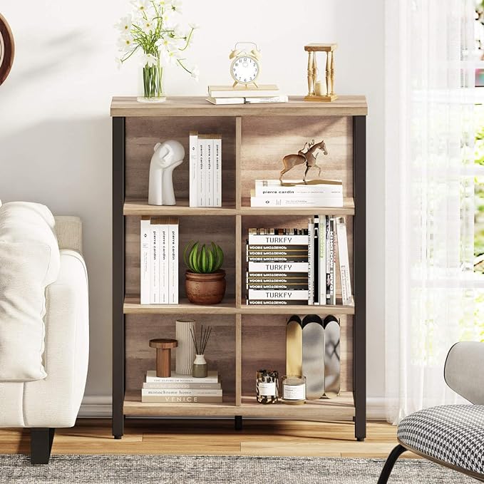 FATORRI Rustic 6 Cube Storage Organizer Shelf, Wood and Metal Cubby Bookcase, Industrial 4 Tier Cube Bookshelf (Rustic Oak) - LeafyLoom