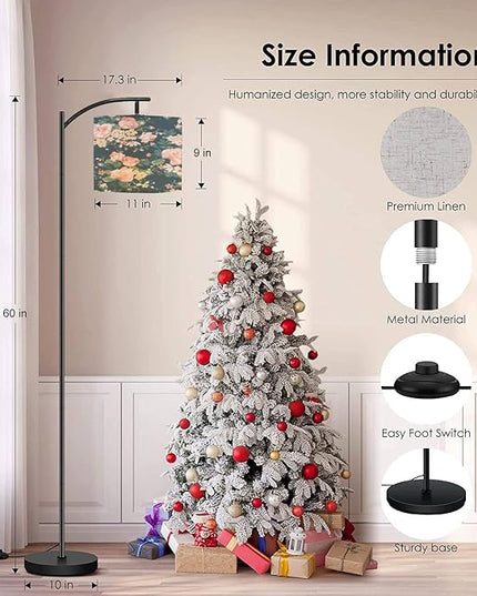 Modern Arc Floor Lamp with Dimmer Mid Century Seamless Vintage Rose Navy Metal Standing Lamp with Linen Shade Footswitch for Living Room Bedroom Office - LeafyLoom