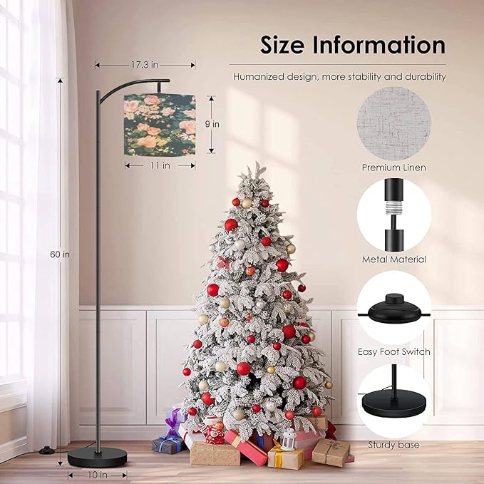 Modern Arc Floor Lamp with Dimmer Mid Century Seamless Vintage Rose Navy Metal Standing Lamp with Linen Shade Footswitch for Living Room Bedroom Office - LeafyLoom