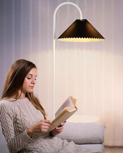 Modern Elegant with Tray Floor Lamp for Office Cafe Den Living Room Bedroom, Foot Switch and White Paint, Black Pleated Cloth Lampshade - LeafyLoom