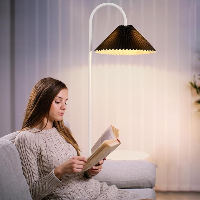 Modern Elegant with Tray Floor Lamp for Office Cafe Den Living Room Bedroom, Foot Switch and White Paint, Black Pleated Cloth Lampshade - LeafyLoom