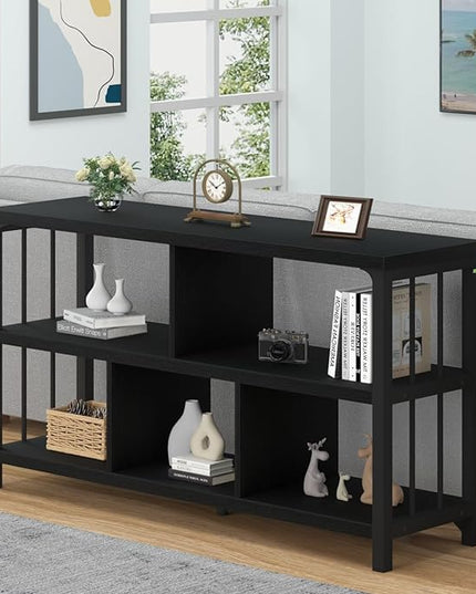 IBF Horizontal Cube Book shelf, Industrial Modern Open Bookshelf, Low Wide Home 5 Cube Storage Organizer Long Shelf for Bedroom, Short Wood and Metal Cubby Book Shelf for Living Room, Black Oak, 47 In - LeafyLoom
