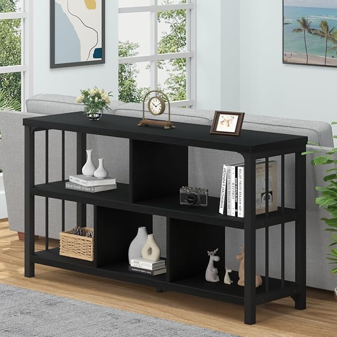 IBF Horizontal Cube Book shelf, Industrial Modern Open Bookshelf, Low Wide Home 5 Cube Storage Organizer Long Shelf for Bedroom, Short Wood and Metal Cubby Book Shelf for Living Room, Black Oak, 47 In - LeafyLoom