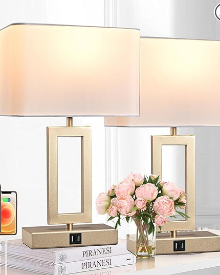 Set of 2 Table Lamps with Dual USB Ports,Touch Control for Bedside and Nightstand in Bedroom, 3-Way Dimmable Modern for Desk, Living Room, Office, LED Bulbs Included, Gold&White - LeafyLoom