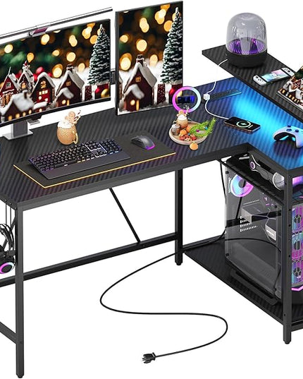 Bestier 52 Led Gaming Desk with Power Outlet & USB Ports,Small L Shaped Computer Desk with Headset Hooks,Corner Desk for Home Office Carbon Fiber Black - LeafyLoom