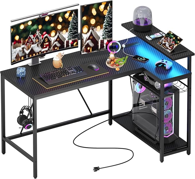 Bestier 52 Led Gaming Desk with Power Outlet & USB Ports,Small L Shaped Computer Desk with Headset Hooks,Corner Desk for Home Office Carbon Fiber Black - LeafyLoom
